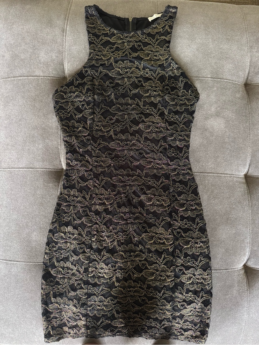 Black Lace Sheath Dress with Gold Floral Overlay
